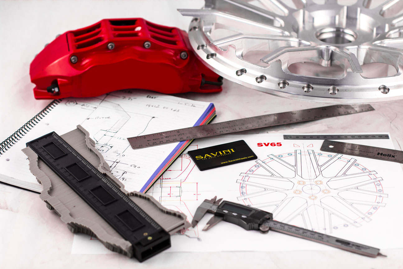 Brake caliper, machined disc, and SV65 engineering drawings with measuring tools